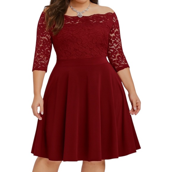 Vintage Style Dress Burgundy Lace Off Shoulder Fit & Flare Midi Romantic Glam XL - Picture 1 of 11